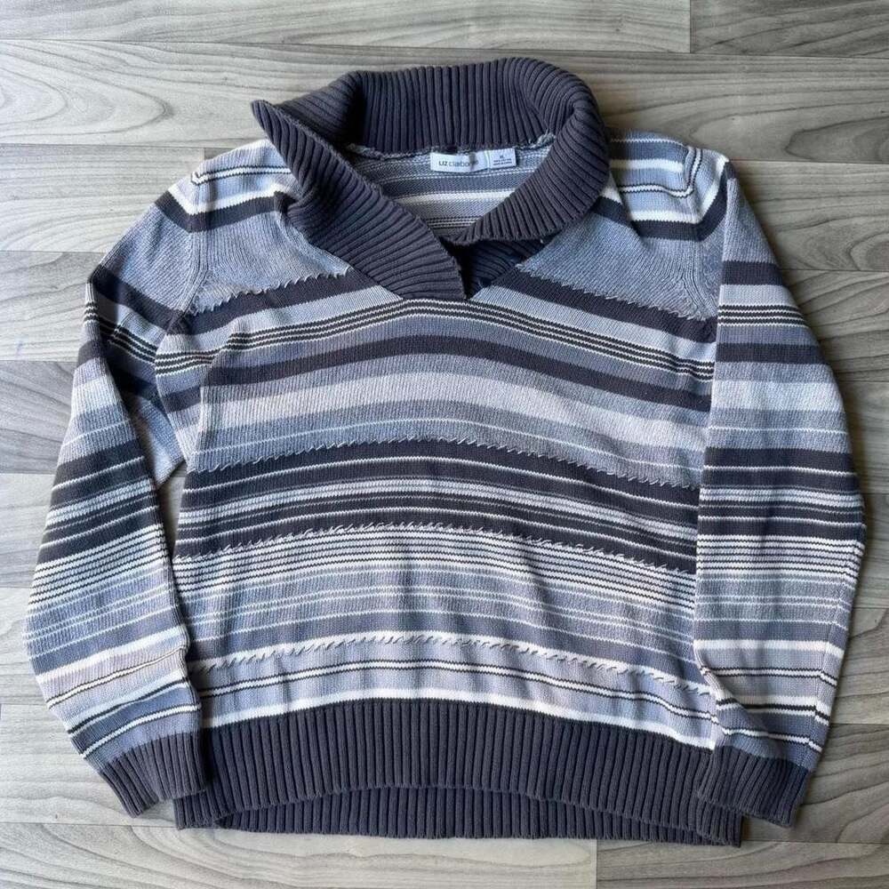 Liz Claiborne Y2K Striped Shawl Collar Sweater XL Gray Cotton